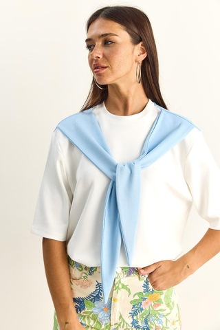 Shade Kadın Şal Detaylı Oversize Basic T-shirt 1094 60286118 - Beyaz-bebe Mavi Beyaz - Mavi