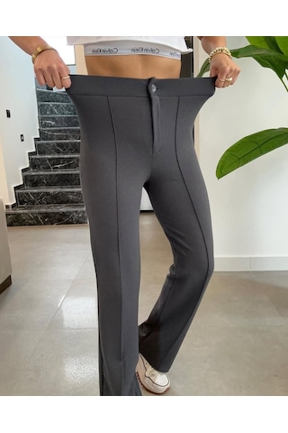 Sensuelle Kadın Yüksek Bel Full Likralı Krep Kumaş Pantolon Gri