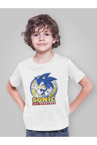 Sevbano Vintage Eskitme Sonic The Hedgehog Baskılı Unisex Çizgi Film Çocu Beyaz