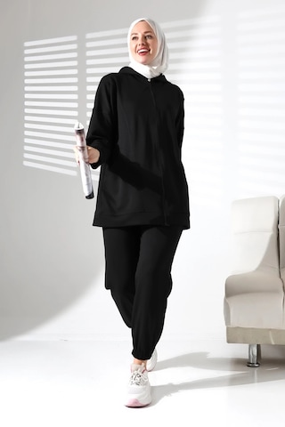 Kadın Mevsimlik Alt Üst Rahat Siyah Spor Ikili Tunik Pantolon Şık Tesettür Takım Siyah