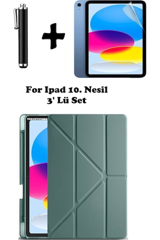 Apple Uyumlu iPad 10. Nesil Kılıf/ekran Koruyucu/kalem Seti Silikon Arka Kapak Stand Olan Uyku Modlu Case Kapaklı Kılıf