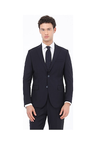 Lacivert Düz Modern Fit Yün Karışımlı Takım Elbise 6 Drop Lacivert