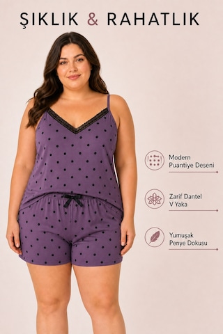 Bravie Kadın Büyük Beden İp Askılı Yakası Dantelli Mor Puantiye Desenli Yazlık Pijama Takımı