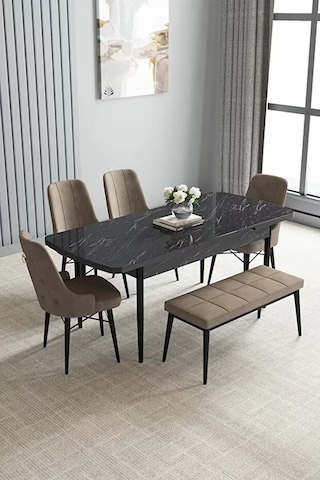 Loft Siyah Mermer 80x132 Açılabilir Mdf Masa Yemek Odası Takımı, Mutfak Takımı 4 Sandalye, 1 Bench Cappuccino