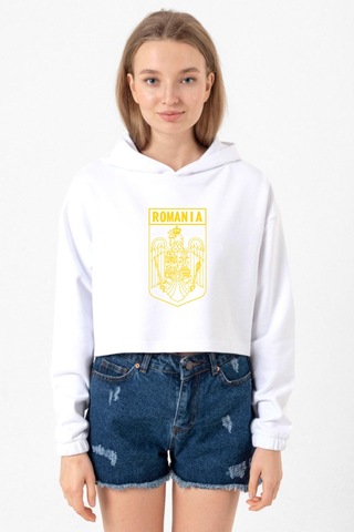 Romania Coat Arms Beyaz Optik Kadın Crop Kapşonlu Optik Beyaz