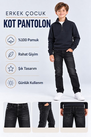 Ahengim Erkek Çocuk Kot Pantolon Likralı Yıpratmalı Fit Düz Paça Cepli Jean Ak1213 Siyah