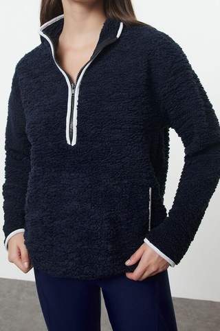 Ersefa Tarz Regular Dik Yaka Düşük Kol Regular Peluş Örme Spor Sweatshir Lacivert