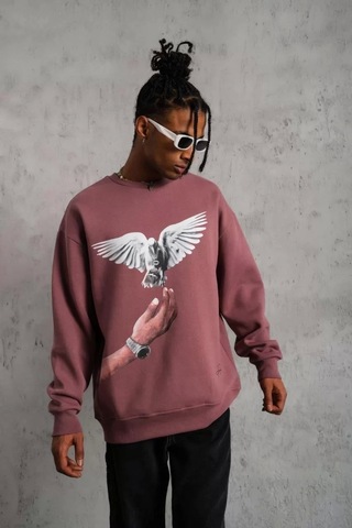 Erkek Güvercin Baskılı Sweatshirt - Gül Kurusu Gülkurusu