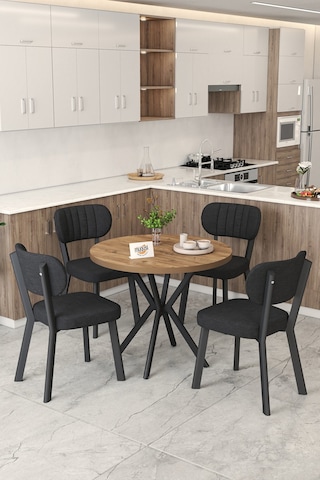 Gnr 90cm Sabit Atlantik Mutfak Masası Takımı, Yemek Masası, 4 Modern Siyah Sandalye Siyah