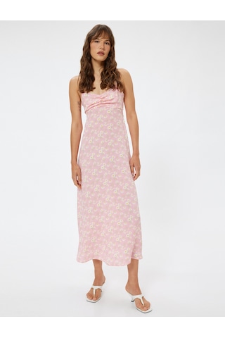 Koton Keten Karışımlı Midi Boy Çiçekli Askılı Elbise Slim Fit Drape Detaylı Pembe Desenli 4sak80474pw Pembe
