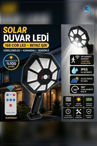 Solar Duvar Lambası Hareket Sensörlü Kumandalı Kablosuz Su Geçirm