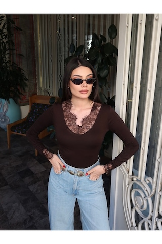 Kechi Woman Transparan Kumaş Dantel Detaylı Bluz Kahverengi
