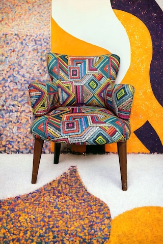 Argün Home Berjer - Tekli Koltuk - Ceviz Ayak- Oturma Grubu Kırmızı- Mavi Yeşil Desenli Kumaş