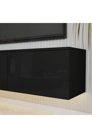 T0020 Alston Duvara Monte Tv Ünitesi Led Işıklı, Modern Tasarım, 160 Cm - Parlak Siyah Parlak Siyah