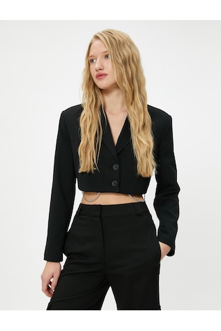 Koton Crop Ceket Ters Kruvaze Yaka Düğme Kapamalı Slim Fit Zincir Detaylı Siyah 4wal50007ıw 4WAL50007IW999 Siyah