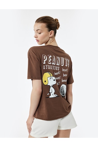 Koton Kısa Kollu Bisiklet Yaka Snoopy Baskılı Lisanslı Tişört Kahverengi 6wal10371ık Kahve