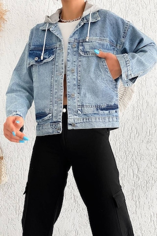 Kadın Çıkarılabilir Kapüşonlu Cepli Denim Ceket Astarsız & Çok Amaçlı Kullanım Mavi