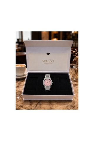 Velucci Penta Çelik Kordon Erkek Kol Saati Pembe Kadran Takvimli Sport Analog Gümüş