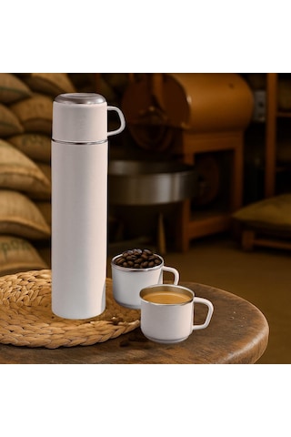 Paslanmaz Çelik 3 Bardaklı Matara Seti-500 Ml Krem