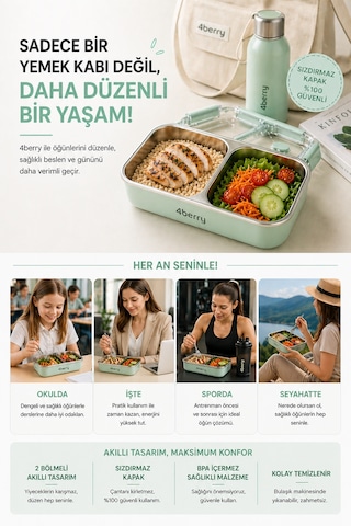 2 Bölmeli Termos Yemek Kabı Sızdırmaz Kapaklı, Paslanmaz Çelik İç Hazneli, 850 Ml - Su Yeşili