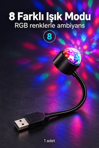 Usb Sese Duyarlı 8 Modlu Rgb Led Atmosfer Işığı Esnek Gövde Çok Renkli
