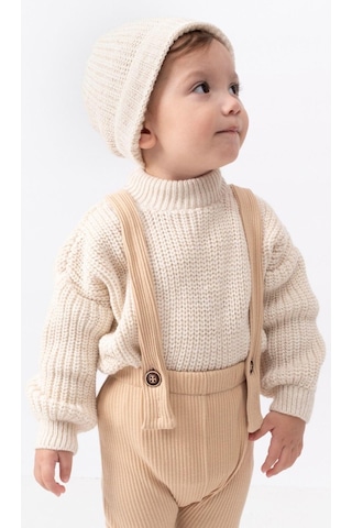 Bebicix Triko Kazak Oversize Esnek Salopet Bereli Unisex Bebek Takım Bej