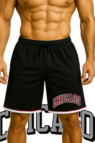 Top Glory Cepli Chicago Baskılı Basketbol Şortu Spor Şort Siyah