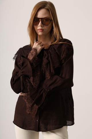Ckm Moda Elise Romantik Dantel Detaylı Bluz Kahve