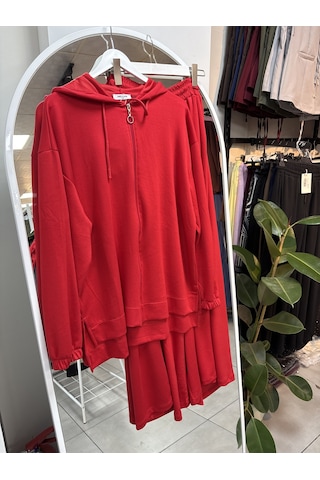 Nirva Butik Kapşonlu Fermuarlı Takım Pantolon Etekli Owrl Kırmızı
