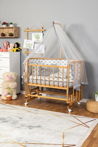 Ahşap Beşik Anne Yanı Beşik Doğal Vernikli 60x120 Gri Balina Uyku Seti Yatak Tekerlekli Ahşap