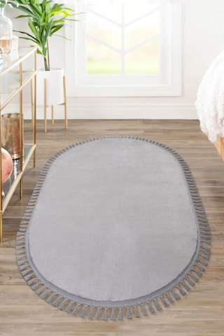 Vl Oval Comfort Overloklu Peluş Yolluk Açık Gri Oval Gri Ponpon
