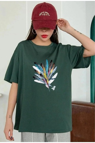 Hırsch Yeşil Kadın Oversize Tüy Baskılı T-shirt Yeşil