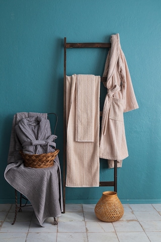 Apricitas Home Timeless Gri-bej %100 Pamuk 6 Parça Aile Bornoz Seti