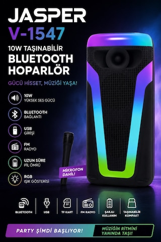 Jasper-1547 Işıklı Mikrofonlu Bluetooth Hoparlör Radyo-bt-usb-mic Uyumlu