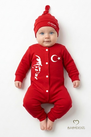 Babyden's 2 Li Bebek Tulum Seti, İlk 23 Nisan Bayramı Atatürk Baskılı Yenidoğan Bebek Tulum Şapka Set Unisex Kırmızı