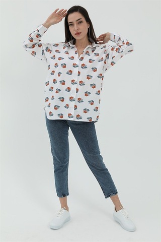 Çiçek Desen Kol Katlamalı Gömlek - Beyaz-beyaz Beyaz