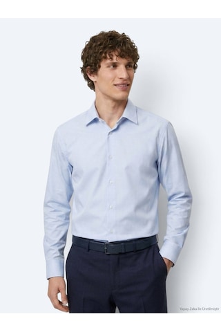 Kip Mavi Düz Regular Fit Uzun Casual Gömlek