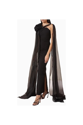 Ac By Aanchal Chanda Embellished Cape Saten - Şifon Işlemeli Pelerin Kollu Kadın Elbise Siyah