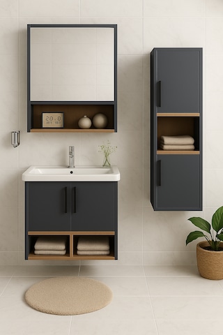 Dmz Home Concept Legna 65 Cm Antrasit Ahşap Mdf Banyo Dolabı Seti Antrasit - Meşe