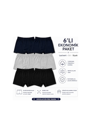 Westicgiyim Erkek Çocuk Boxer 6 Lı Paket Pamuklu Esnek Bel Rahat Kalıp Lacivert Gri Siyah Çocuk İç Giyim Çok Renkli