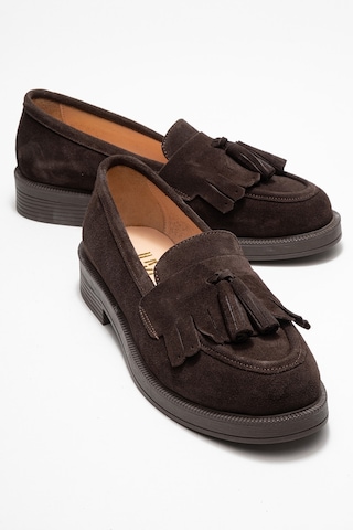 Luvishoes Luvi Shoes Milina Kahverengi Süet Püsküllü Hakiki Deri Kadın Loafer Ayakkabı Kahve Süet