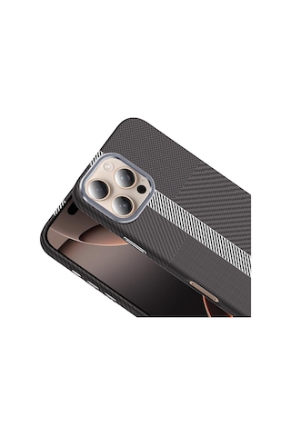 İphone Uyumlu 16 Pro Max Kılıf M-safe Şarj Özellikli Karbon Fiber Görünümlü Gros Kılıf Gri - Siyah