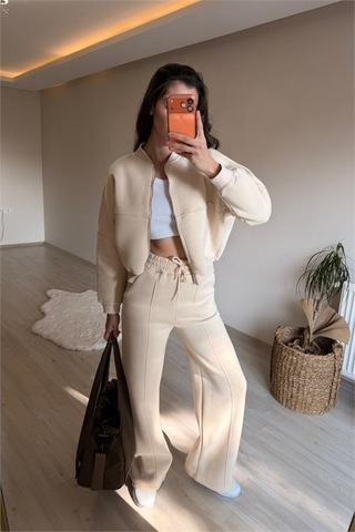 Neşeli Butik Kadın Oversize 3 İplik Cepli Eşofman Takımı Nm029 Bej