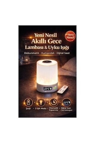 Gece Lambası Şarjlı Led Masa Lambası Uzaktan Kumandalı Dijital Saatli Beyaz Beyaz