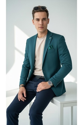 Plus Scorpion Petrol Yeşili Erkek Blazer Ceket Esnek Comfort Kumaş, Slim Fit İtalyan Kesim Tek Düğmeli Model Petrol Yeşili