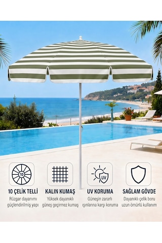 Plaj Şemsiyesi Balkon Bahçe Güneş Şemsiyesi 200cm 10 Telli Uv Korumalı Yeşil