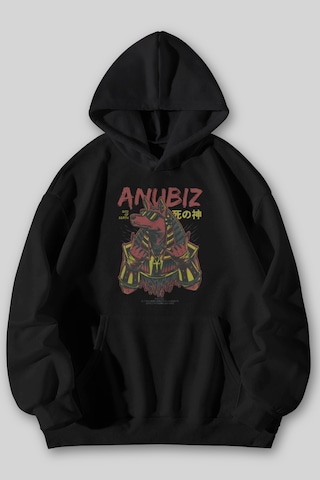 Harmandar Anubiz Rock Baskılı Unisex Siyah Kanguru Cepli Kapüşonlu Sweatshirt Hoodie Siyah