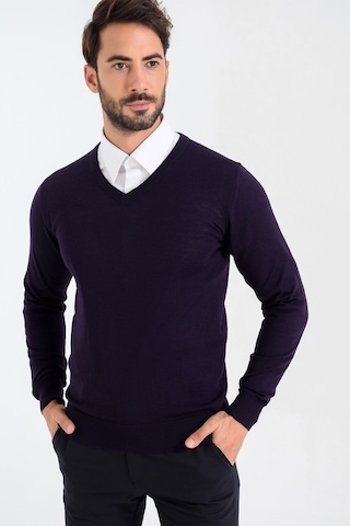 Heyss Mürdüm V Yaka Yünlü Erkek Triko Kazak Mürdüm