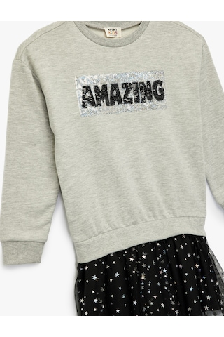 Koton Şardonlu Uzun Kollu Bisiklet Yaka Tül Detaylı Pullu Payetli Sweat Elbise Gri 6wkg80018ak Gri