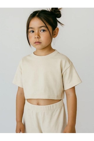 R.g Kız Çocuk Pamuklu Basic Crop T-shirt-15860 Bej